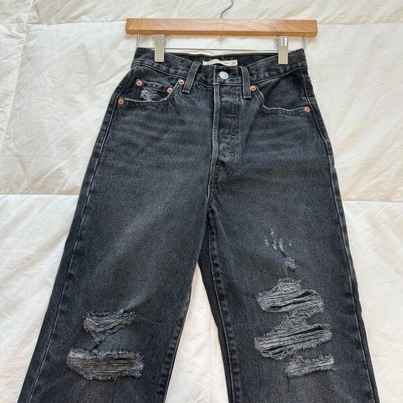 Levi’s Premium Ribcage Straight Ankle Jeans Black Distressed Size 24 High Rise - Picture 9 of 9